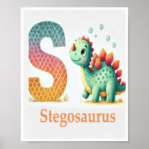 Lettre S, Poster d'aquarelle Dinosaure Alphabet