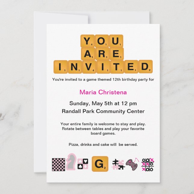 Lettre Tiles Pink Invitation Anniversaire (Devant)