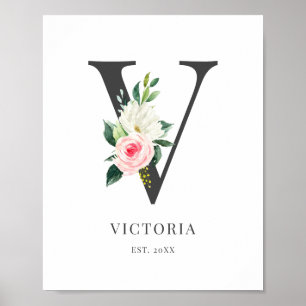Lettre V Monogramme Aquarelle Florale Poster