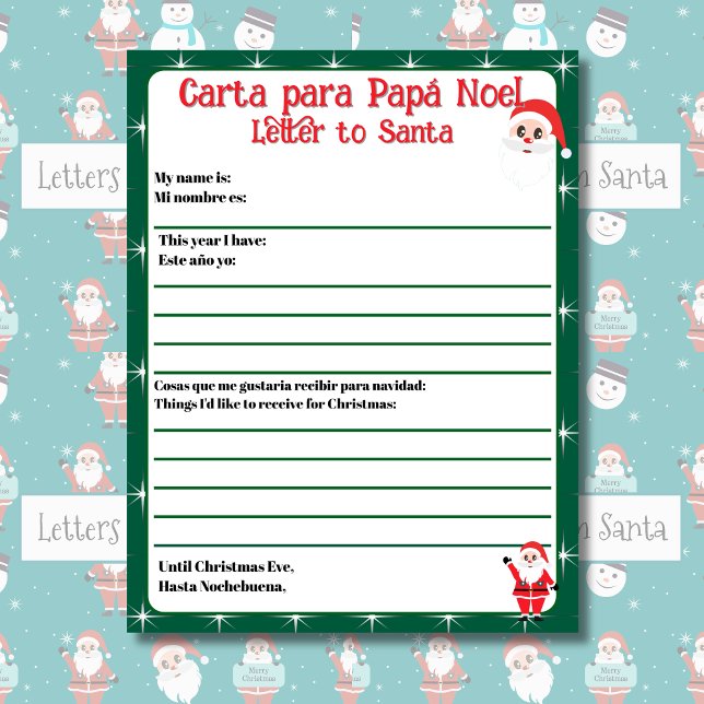 LETTRE VERTE TRANSMISE À Père Noël Espagnol (Bilingual letter to Santa, editable text & child's name. Customizable. Multilingual Projet)