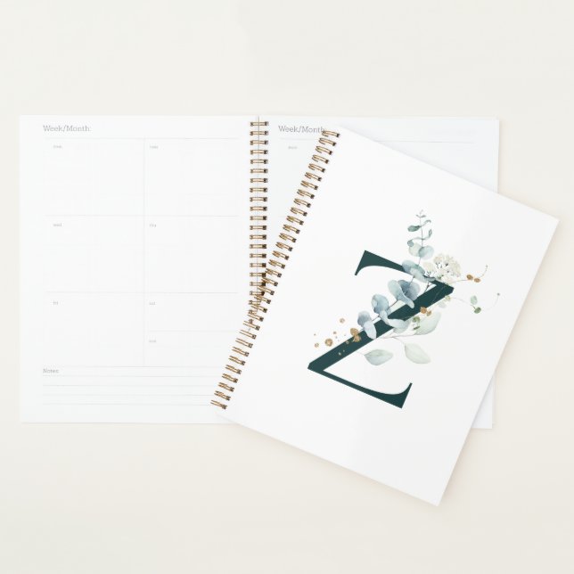 Lettre Z Eucalyptus et or Monogramme Planner (Devant avec enveloppe)