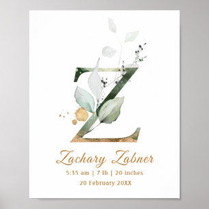 Lettre Z vert & or feuillage Baby Birth Poster