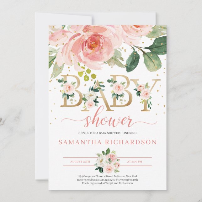 Lettres d'or et Invitation de Baby shower floral (Devant)