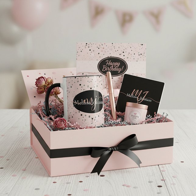 Lettres élégantes en or rose sur mug noir (Créateur téléchargé)
