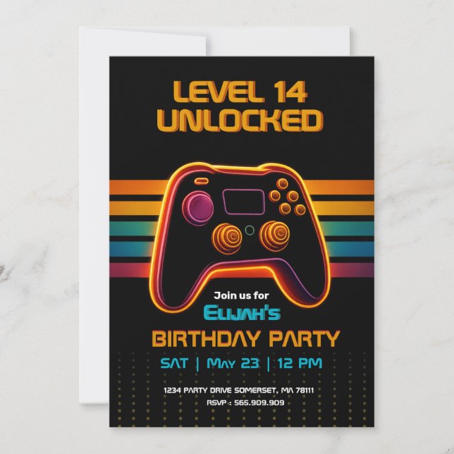 Level Up Gamer Birthday Invitation – Neon Game (Devant)