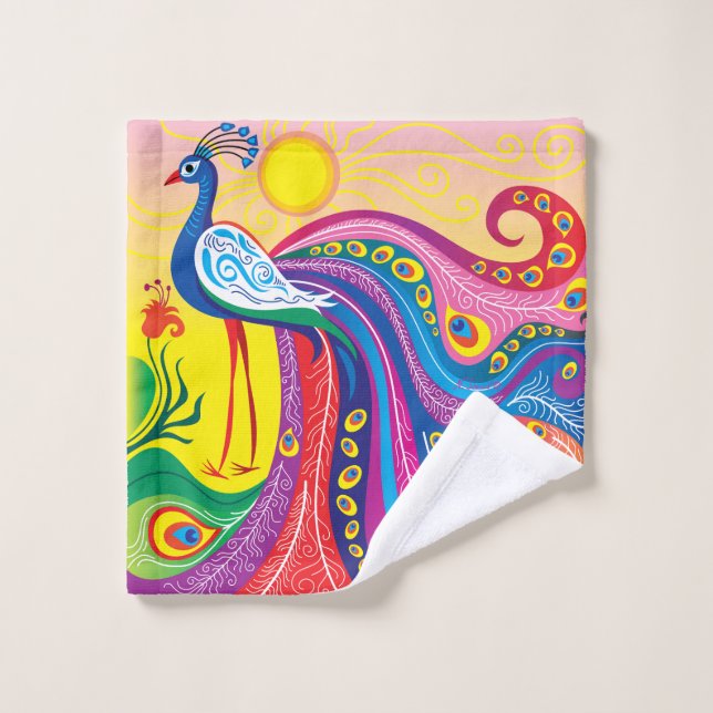 Lever du soleil avec paon (Gant de toilette)