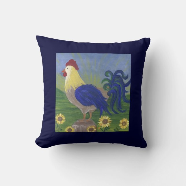 Lever du soleil du coq sur bleu marine coussin dou (Recto)