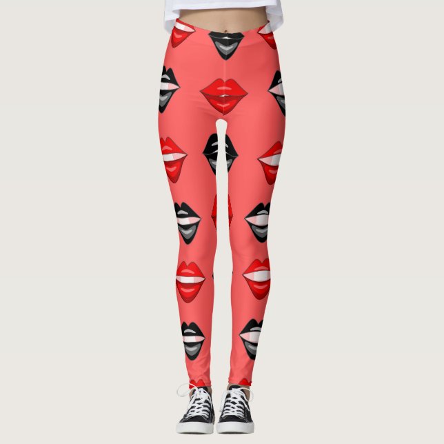 Lèvres de baiser noir rouge leggings (Devant)