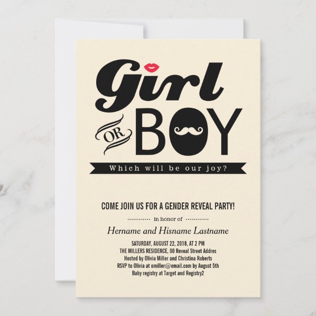 Lèvres et Moustache bébé Genre Reveal Invitation d (Devant)