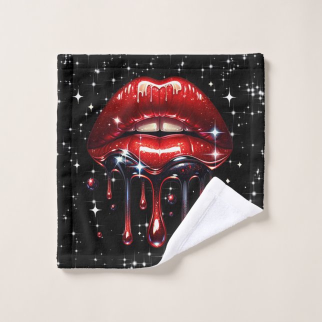 Lèvres Rouges Dégoulinantes de Paillettes Glamour  (Gant de toilette)
