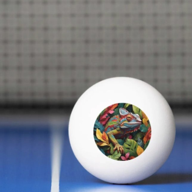 Lézard Feuilles & Balle de Ping Pong Colorée  (Colourful Lizard Tropical Jungle Art ping pong ball. 3-star balls  ITTF's competition specifications)