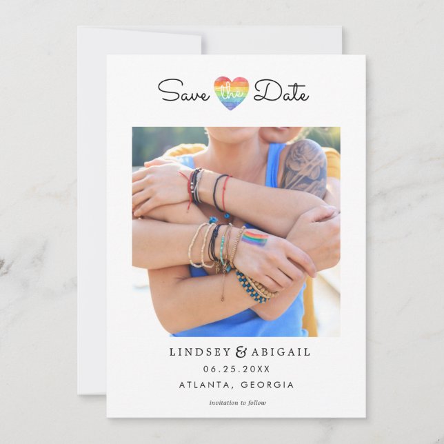 LGBTQ Rainbow Heart Save the Date with Photo (Devant)
