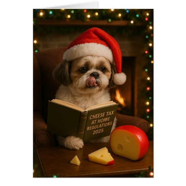 Lhasa Apso 'Cheese Tax' Christmas card (Devant)