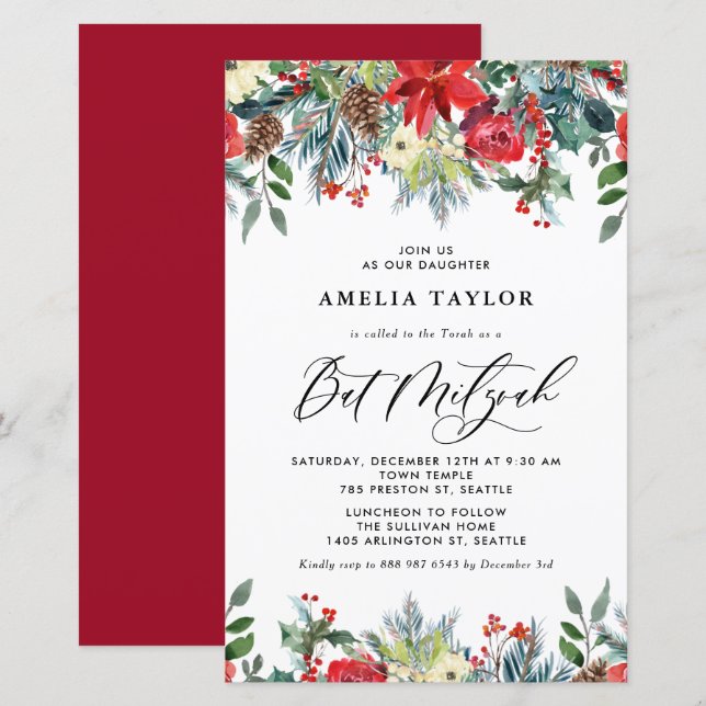L'hiver fleurit Floral Bat mitzvah Invitation (Devant / Derrière)