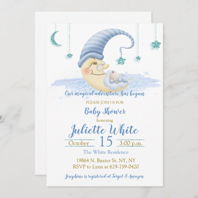 L'Homme Sur La Lune Baby shower Invitation (Devant / Derrière)