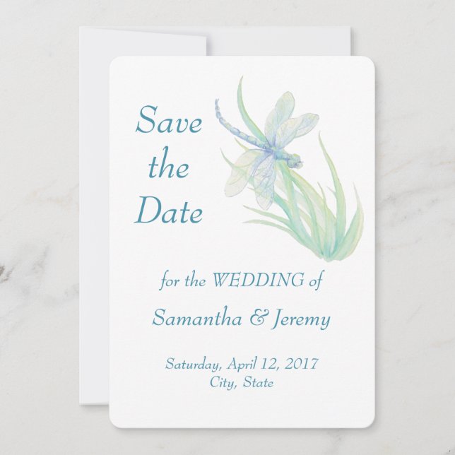Libellule Aquarelle Bleu Vert Save the Date (Devant)