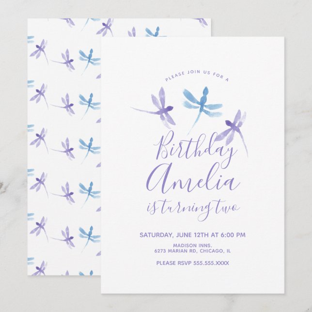 Libellule Aquarelle Fête d'anniversaire Violet Ble (Devant / Derrière)