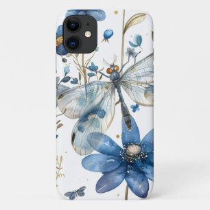 Libellule bleue et fleurs coque iPhone