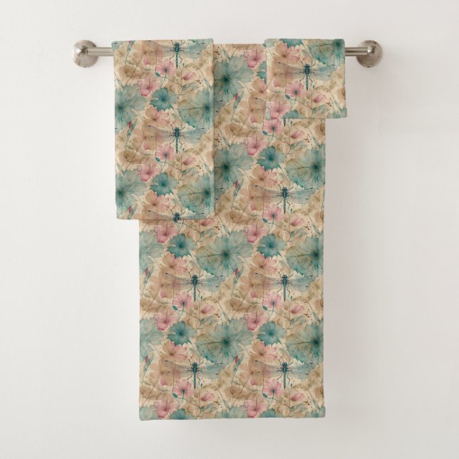 Libellule Fleurs Aquarelle Rose Turquoise Beige  (En situation)