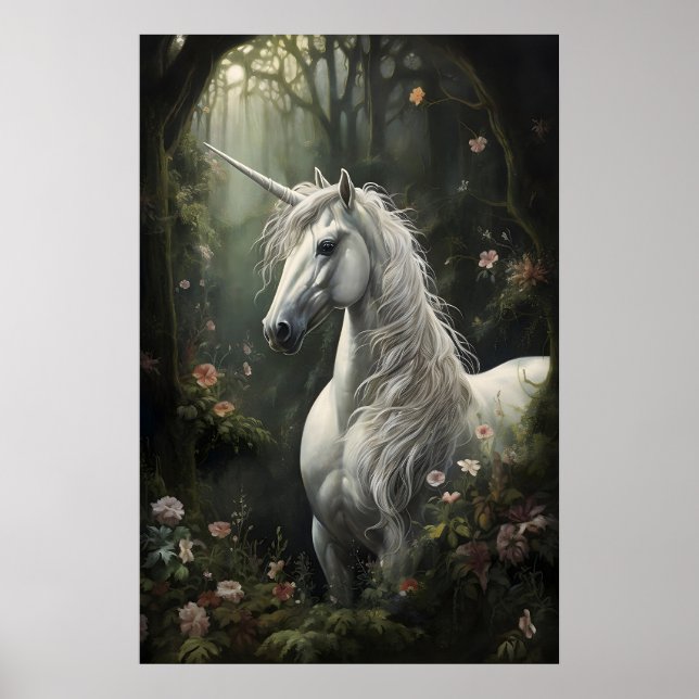 Licorne cheval blanc dans une impression de forêt  (Devant)