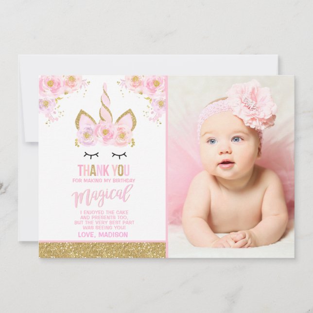 Licorne d'or de rose de carte de remerciements de (Devant)