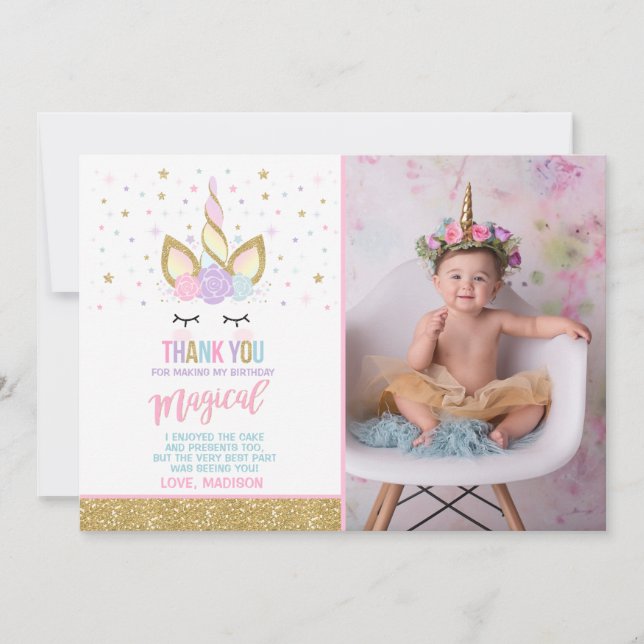 Licorne d'or de rose de carte de remerciements de (Devant)