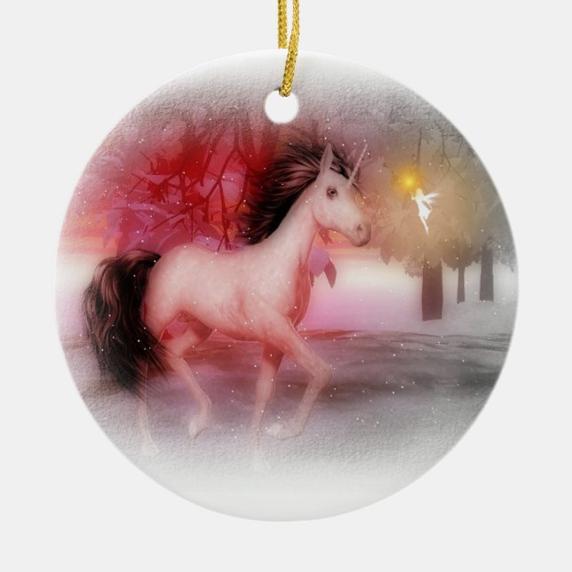 Licorne et ornement roses de nuit d'hiver de fée (Devant)