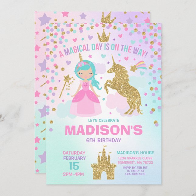 Licorne et princesse Invitation Magical Birthday (Devant / Derrière)