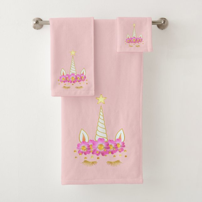Licorne, Fleurs & Confettis Dorés sur Fond Rose Cl (En situation)