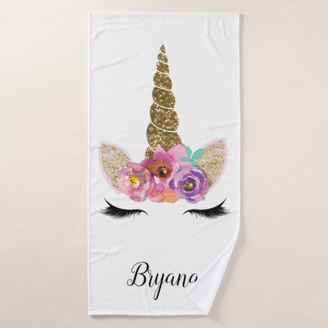 Licorne Florale Paillettes Dorées Fille Pailletée (Serviette de bain)
