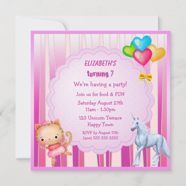 Licorne, princesse Kitty et invitations de partie (Devant)