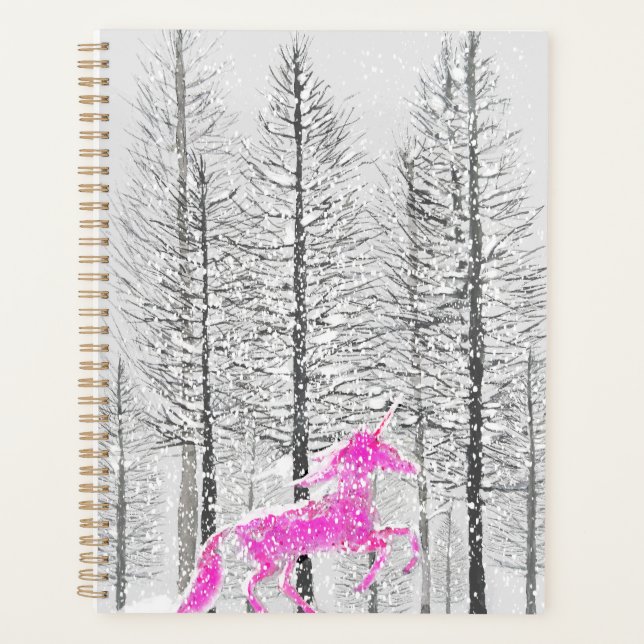 licorne rose dans l'aquarelle de la forêt de neige (Devant)