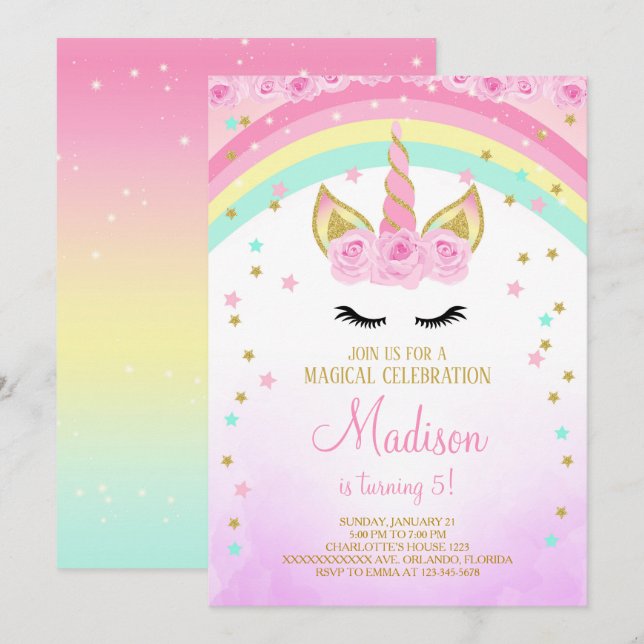 Licorne Rose Invitation Avec Étoiles Dorées (Devant / Derrière)