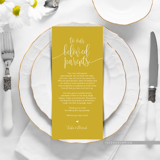 Lieu Cadre Carte de remerciements pour les parents (Wedding Dinner or Elopement Brunch Place Setting Thank You Card, In Modern Mustard Yellow Gold)