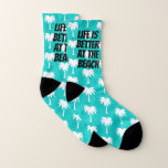 Life is better at the beach turquoise palm tree<br><div class="desc">La vie est en train de pleurer sur les marais bleus. Funny socks with summer print design. Custom sport socks printed with your text. Cool Birthday ou Christmas Holiday vend idea for men, women and kids. Get a pair for world's greatest husband, wife, boyfriend, son, daughter, sister, maman, brother, père,...</div>