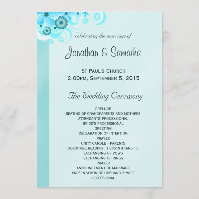 Light Aqua Blue Turquoise Floral Wedding Programme (Devant)
