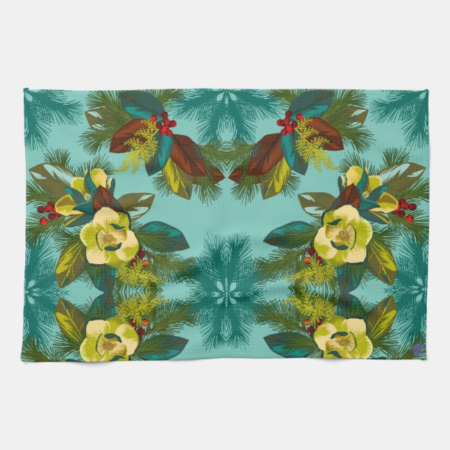 Light Aqua Magnolia Floral Print Serviette de cuis (Horizontal)