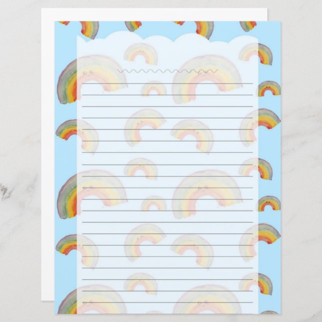 Light Blue Kawaii Rainbow Stationery Paper (Devant / Derrière)