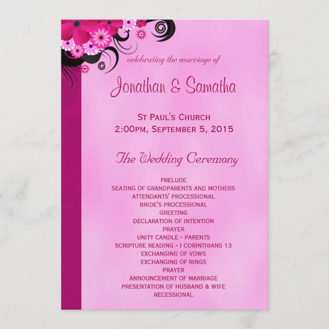 Light Fuchsia Floral Flat Wedding Programme Modèle (Devant)