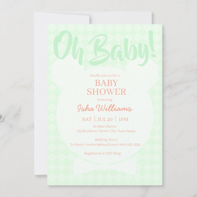 Light Green Bear bow tie Oh Baby Shower Invitation (Devant)