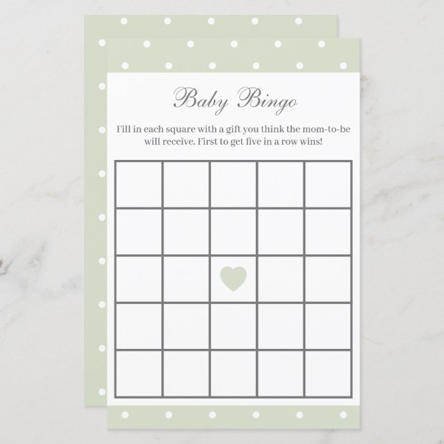 Light Sage Green Baby shower Bingo Jeu de Bingo (Devant / Derrière)