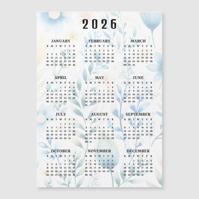 Lightly Floral Design 2026 Calendar Magnetic Card (Devant)