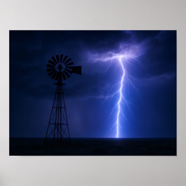 Lightning Strike Windmill Poster - Dramatic Texas  (Devant)