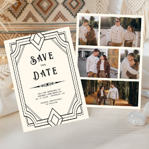 Ligne Art Déco Carte de Mariage Noir Crème Save th