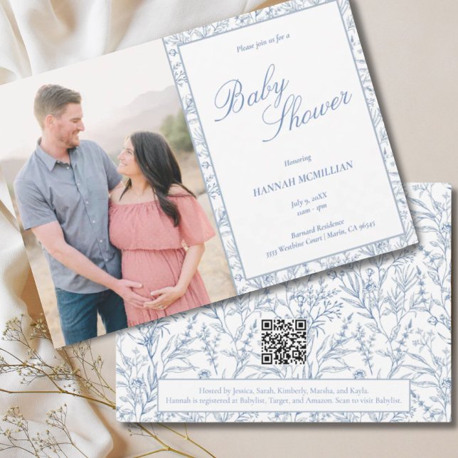 Ligne Bleue Botanique Baby shower tiré Invitation (Botanical Blue Line Drawn Baby Shower Invitation
)