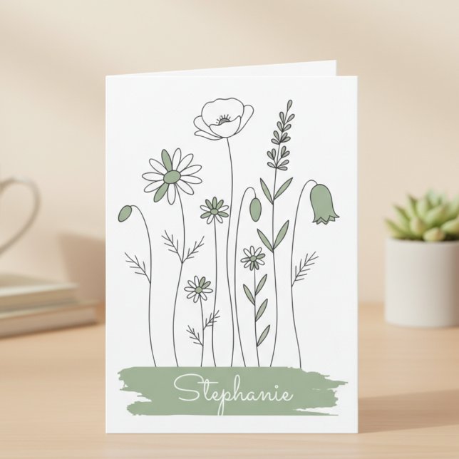 Ligne d'art de fleur sauvage minimaliste (Simple line art wildflower personalized notecard)