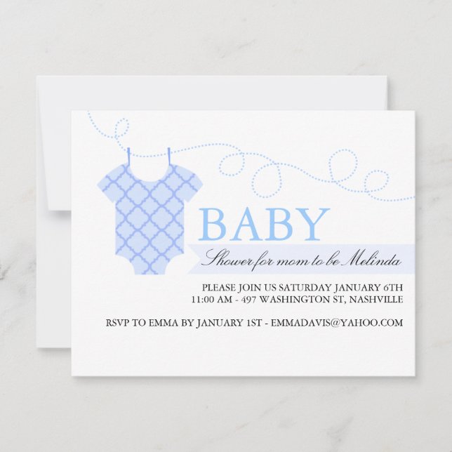 Ligne de linge bleu Baby shower moderne Invitation (Devant)