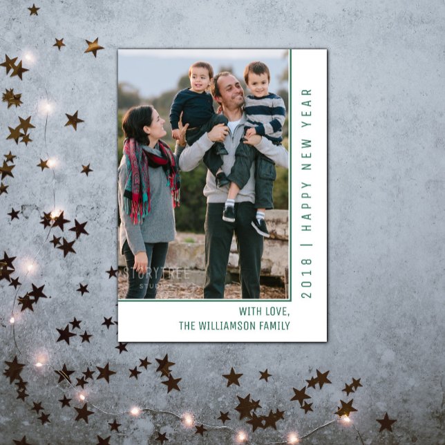 Ligne simple Carte photo du Nouvel An | Vert (Simple Line New Years Photo Card - Green)