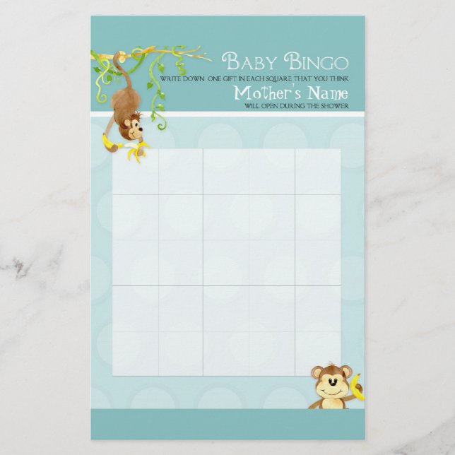 Lil Monkey, Baby Boy Shower Bingo n Scramble Jeu (Devant)