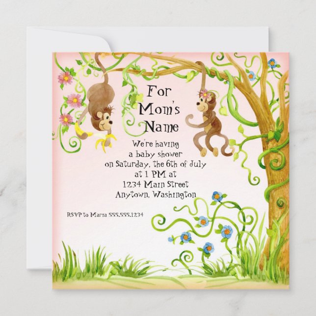 Lil Monkey, Invitation Baby shower fille (Devant)